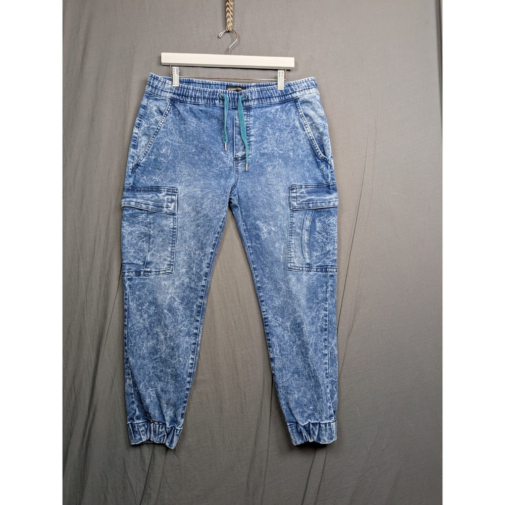Modern Culture Mens Large Acid Wash Blue Denim Cargo Jogger Pants Stretch Jeans